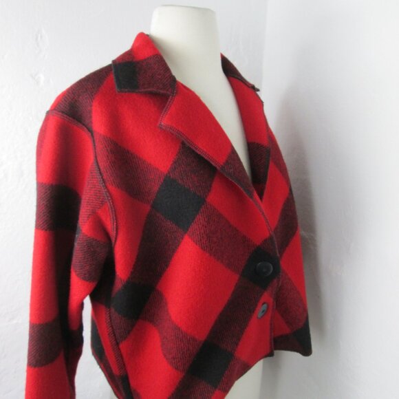 Vintage Cameleon 100% Wool Shrug Crop Jacket Red Buffalo Check 90s - Picture 3 of 7